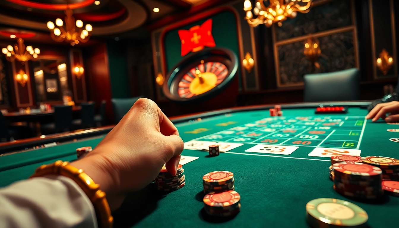 Experience thrilling bets at https://km88online.net/ with a luxurious poker game setup featuring cards and chips.