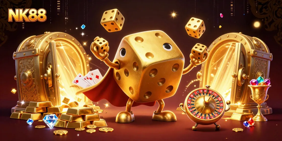 Engage with NK88's vibrant gaming experience through golden dice and treasures in this animated casino scene.