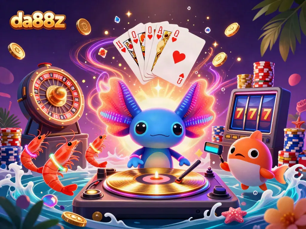 Experience the excitement at da88z with vibrant 3D characters enjoying slot games amidst flying coins and casino elements.