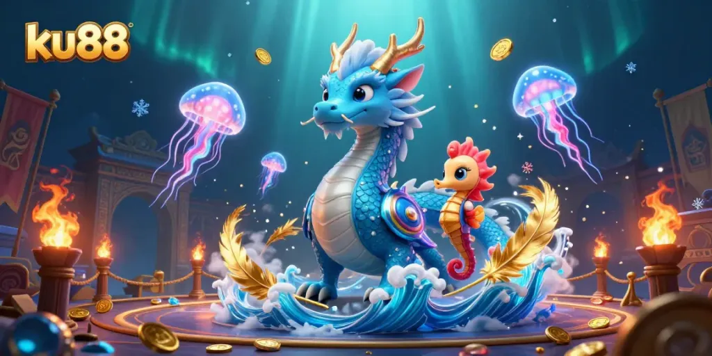 Experience thrilling gaming at ku88 with an azure water dragon and glowing jellyfish in this dynamic casino scene.