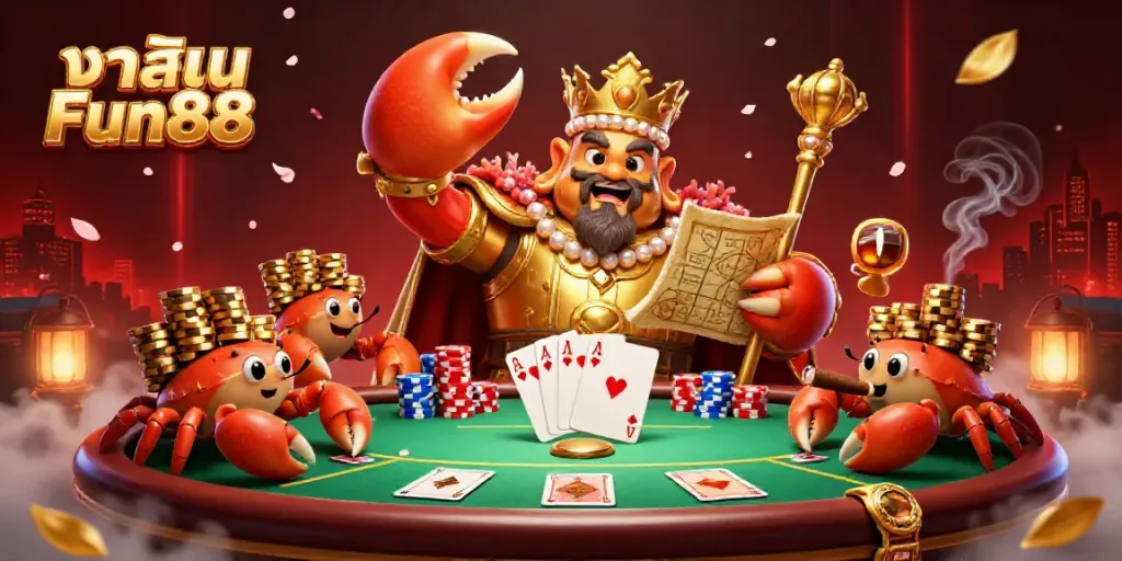 Experience excitement at คาสิโน Fun88 with a golden crab emperor presiding over vibrant poker elements.