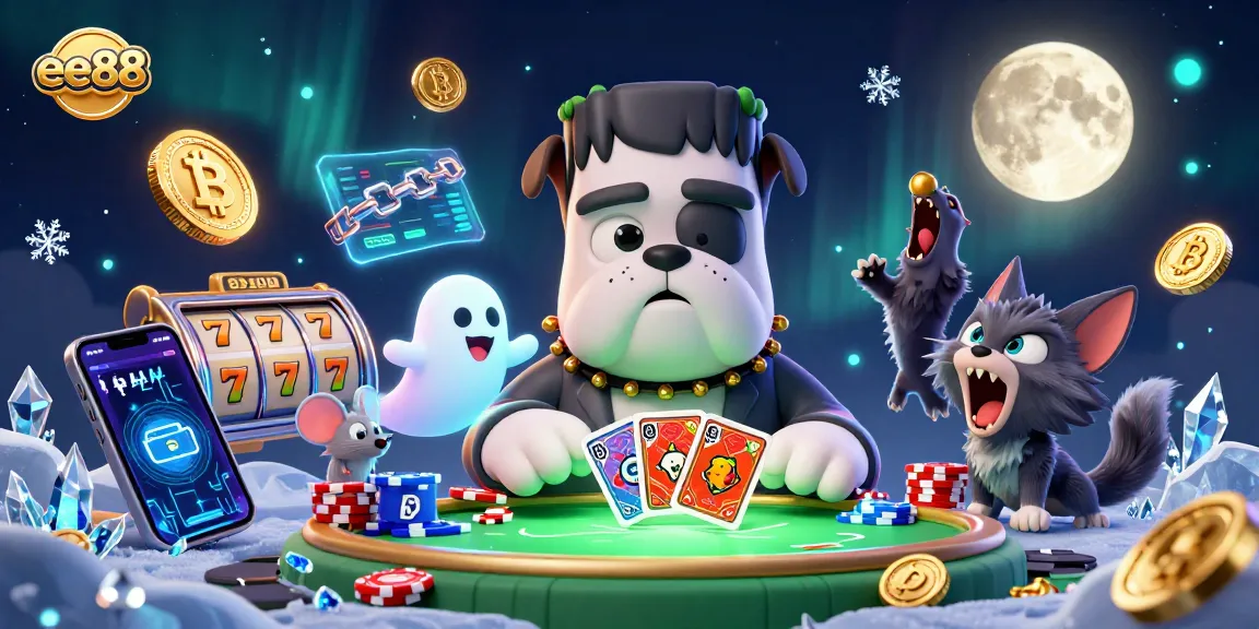 ee88 showcases an exciting casino atmosphere with characters dealing cards and crypto coins floating.
