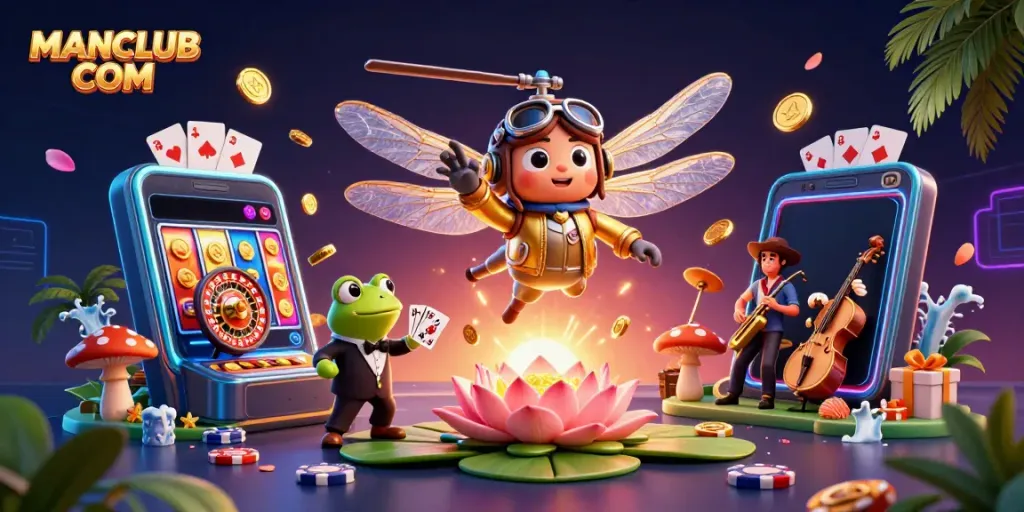 Engage with exciting games at MANCLUB COM while a dragonfly pilot oversees casino action.