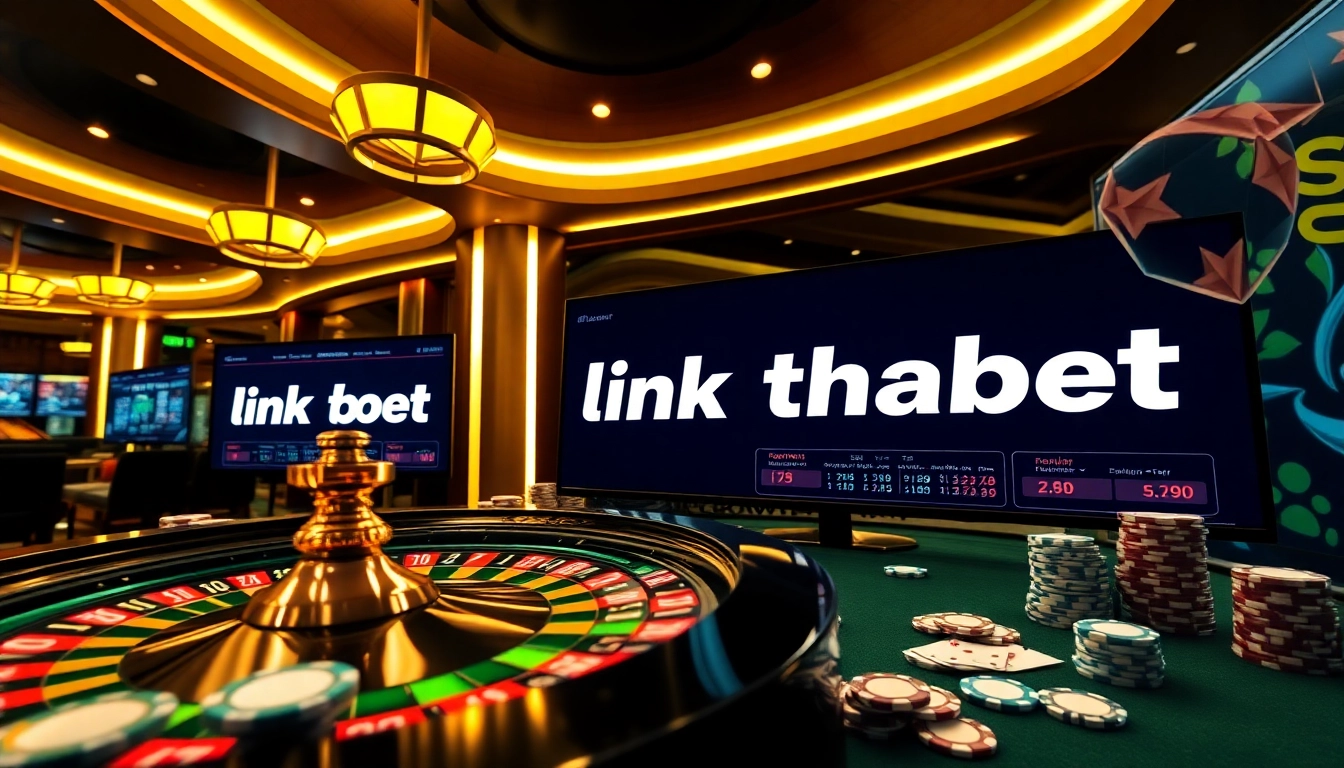 Immerse in a luxurious online gambling experience featuring link thabet with poker chips and roulette.