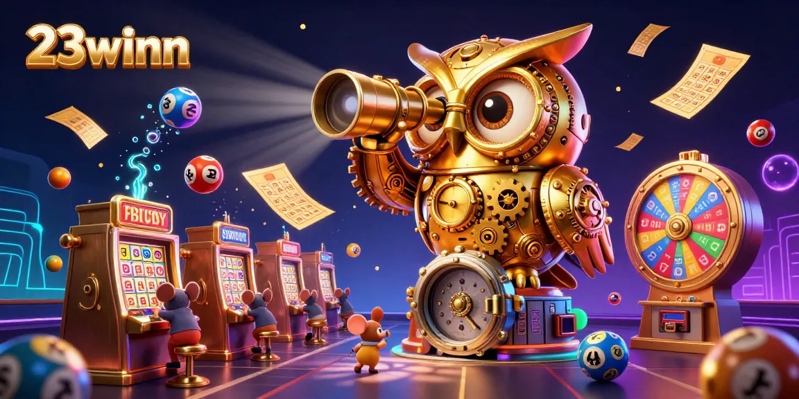 Engage with 23winn's vibrant casino scene featuring a golden owl and lively game elements.