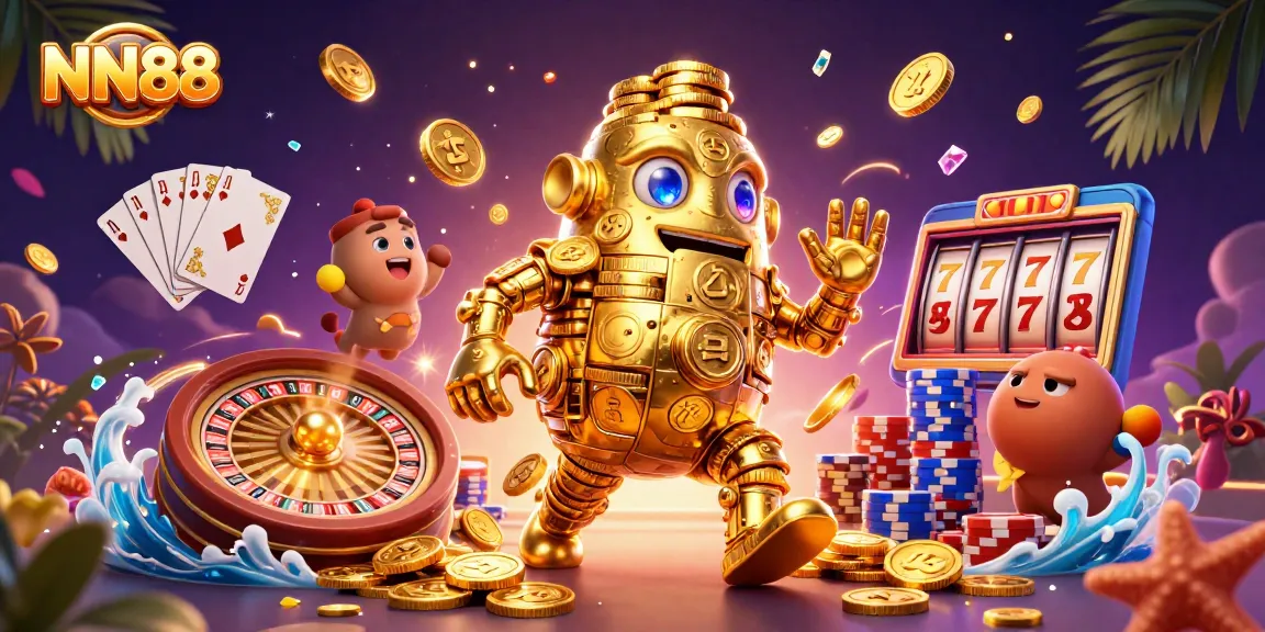 Winning big at NN88 with a vibrant 3D casino scene showcasing colorful games and golden treasures.