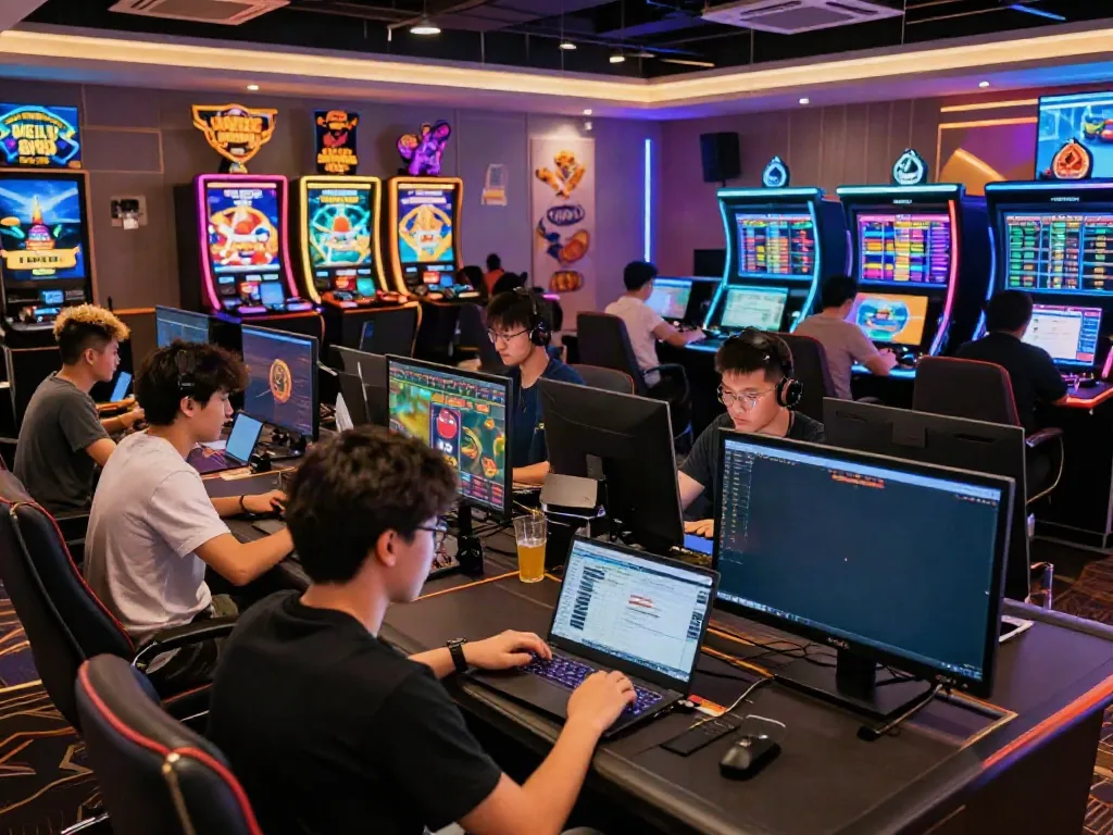 Enjoying vibrant gaming experience at https://man88pro.com/ in a modern digital casino with diverse players and exciting promotions.
