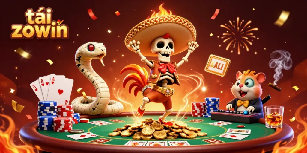 Tải zowin and unleash your luck with a vibrant casino victory scene featuring colorful characters.