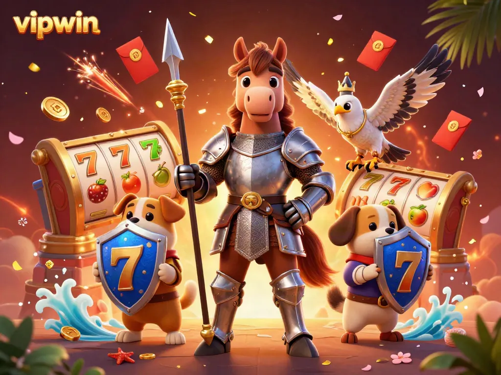 Experience the excitement of vipwin with the knight and his companions amidst a vibrant casino scene full of luck.