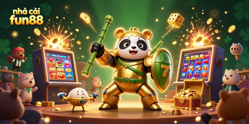 Engage with nhà cái fun88 in an exciting 3D scene featuring a panda and casino elements.