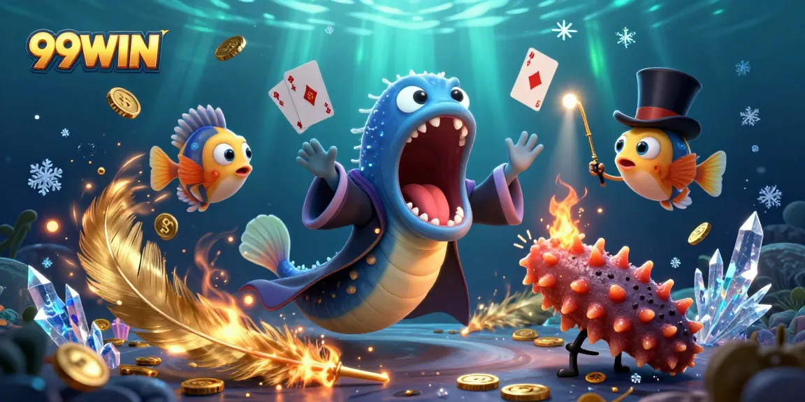 Experience thrilling card tricks with a bioluminescent gulper eel at 99WIN's vibrant casino scene.