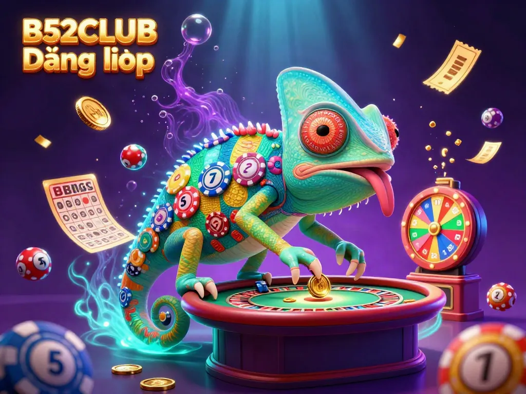 B52CLUB Đăng nhập scene with a colorful chameleon casino owner and dynamic lottery elements in vibrant, engaging 3D illustration.