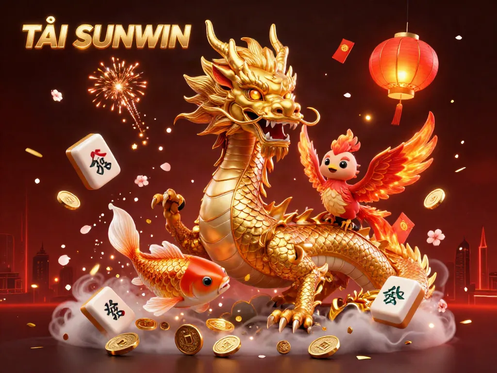 TẢI SUNWIN features a fierce dragon, phoenix, and koi fish amidst casino elements like coins and tiles.