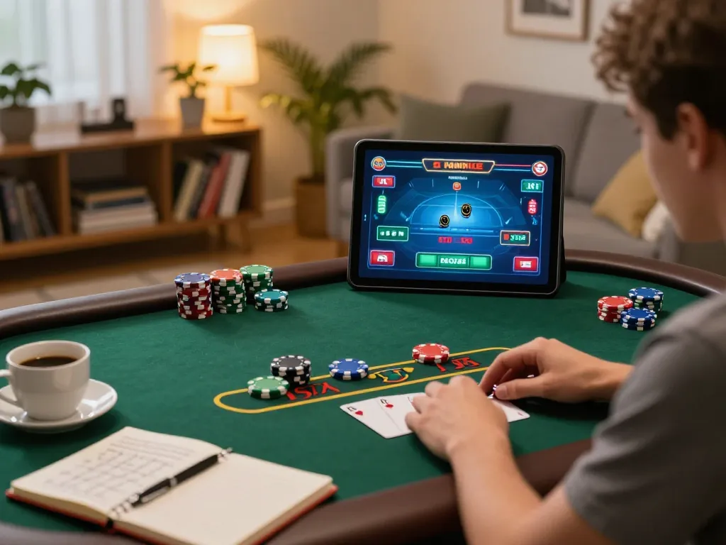 Experience intense gaming strategies at 77WIN through live dealer blackjack on a tablet in a cozy home.