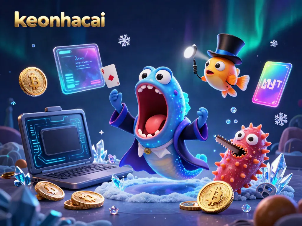 Experience the thrill of keonhacai with animated sea creatures performing magic amidst vibrant crypto elements.