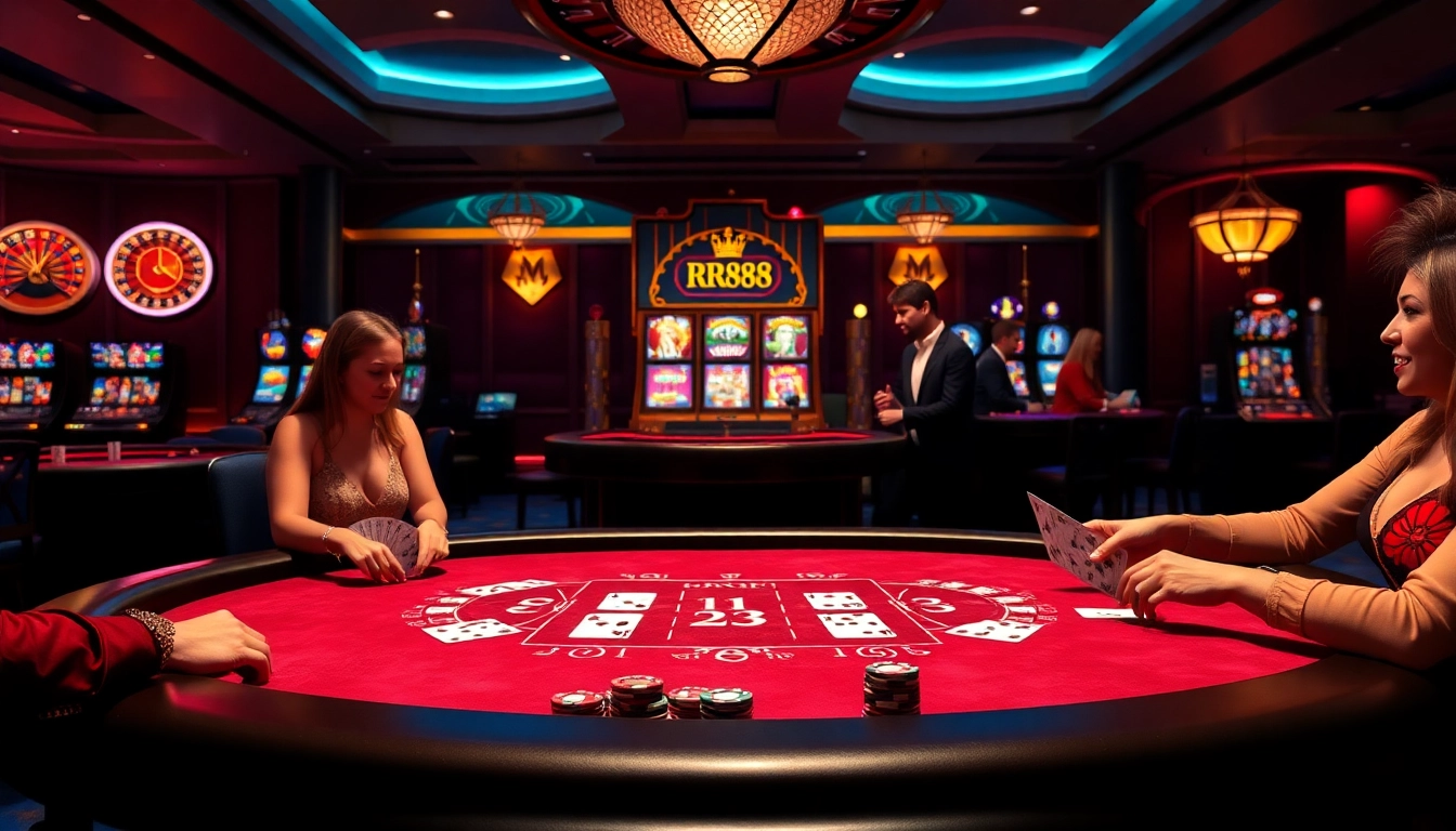 Exciting RR88 casino experience with vibrant poker games and roulette wheels.
