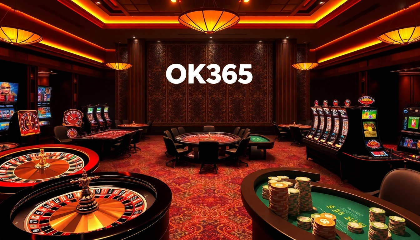 Engaging betting action at nhà cái OK365's luxurious casino, featuring roulette wheels and poker tables.