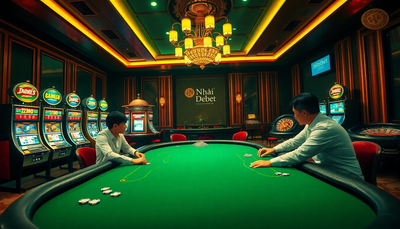 Players strategizing at a poker table representing Nhà Cái Debet's exciting gambling atmosphere.
