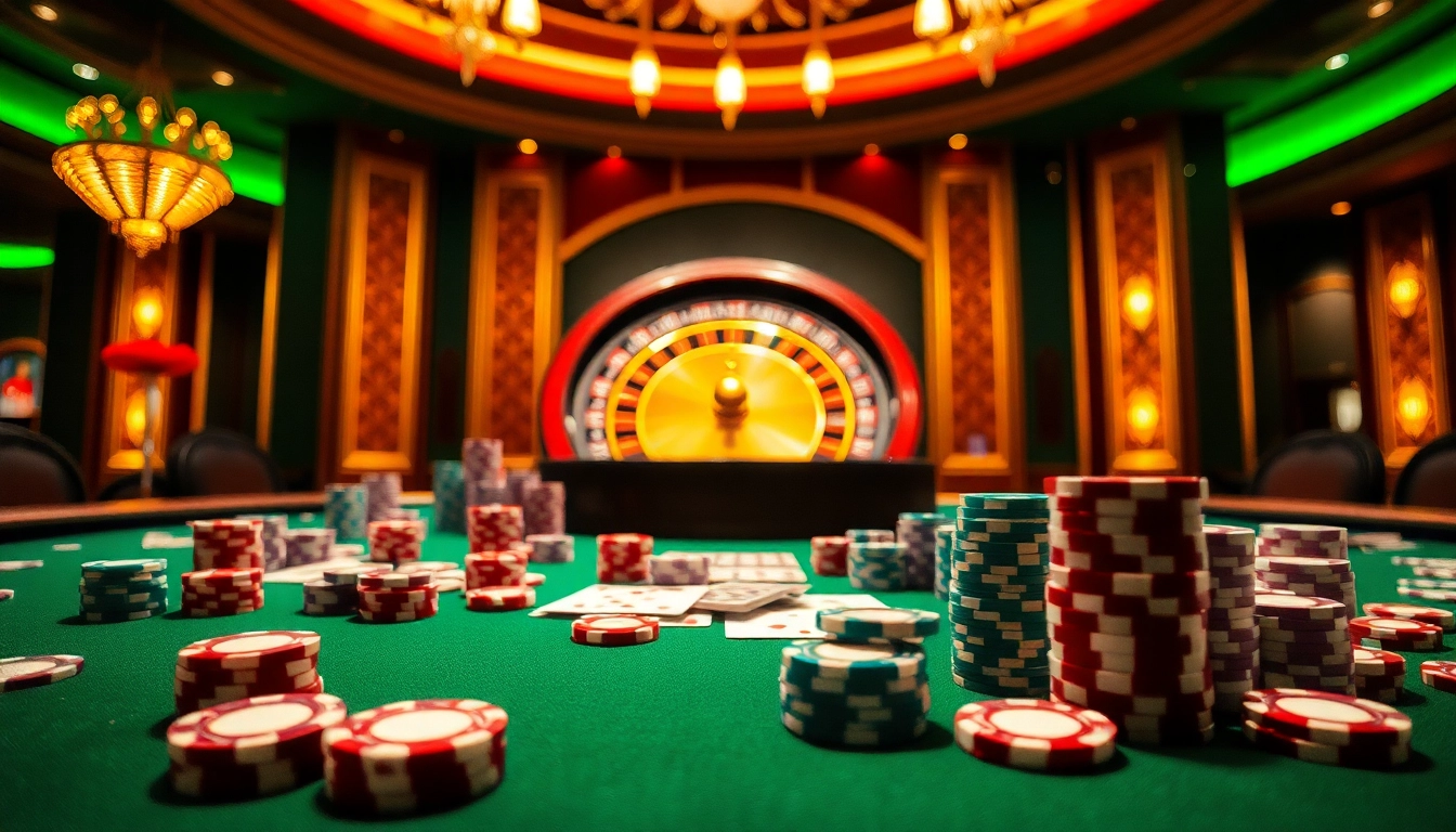 Action-packed scene at a vibrant DU88 COM casino table with poker chips and a roulette wheel.