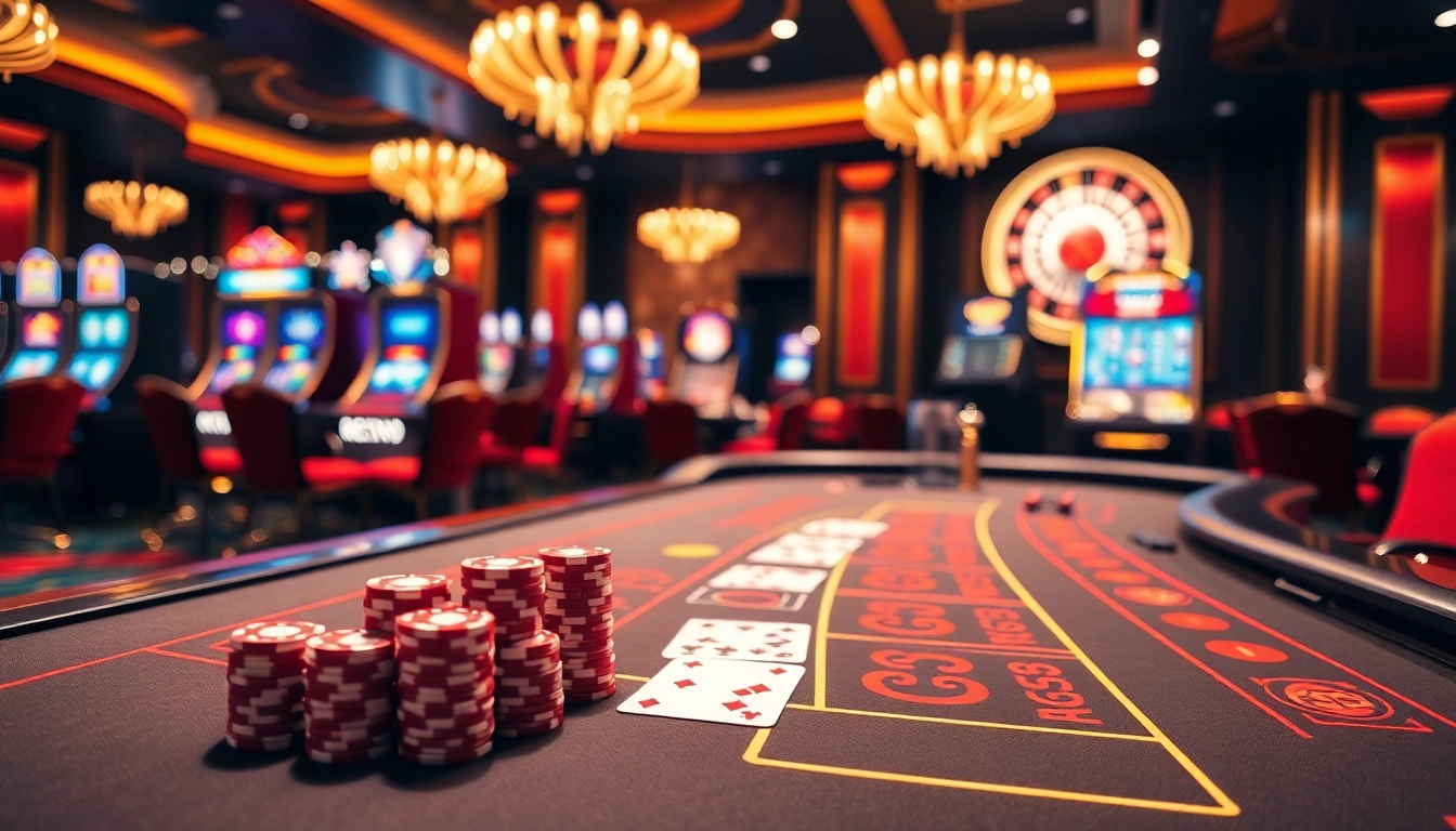 Players engaging at a baccarat table with red88 branding, showcasing excitement in a vibrant casino atmosphere.