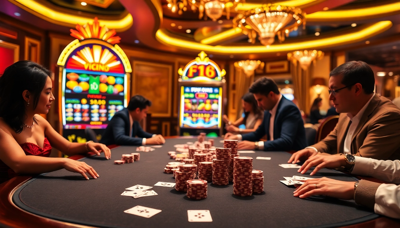 Exciting gameplay at f168 com's professional casino, featuring poker, chips, and a lively atmosphere.