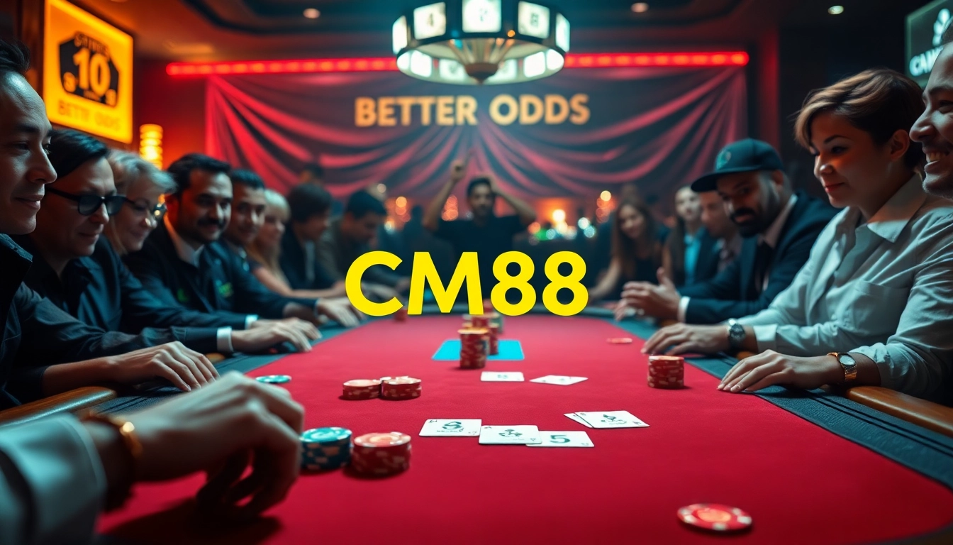 Players enjoying a high-stakes poker game with CM88 branding on the table, showcasing excitement and luxury.