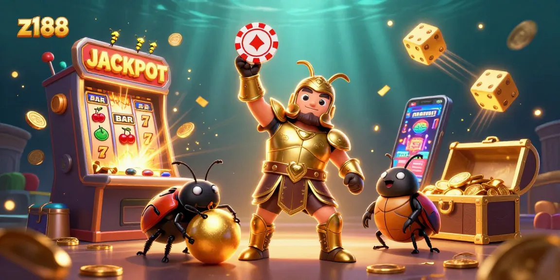 z188 showcases a winning moment with a heroic beetle lifting a poker chip amidst explosive casino elements.