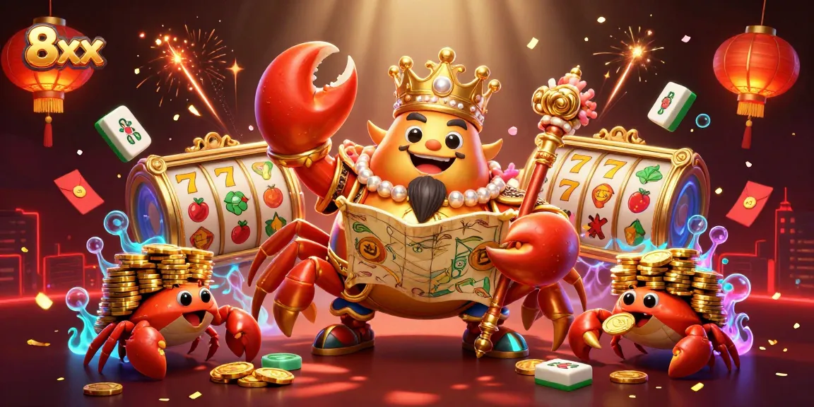 Experience thrilling adventures in a vibrant casino realm with 8xx featuring a golden crab emperor and slot reels.