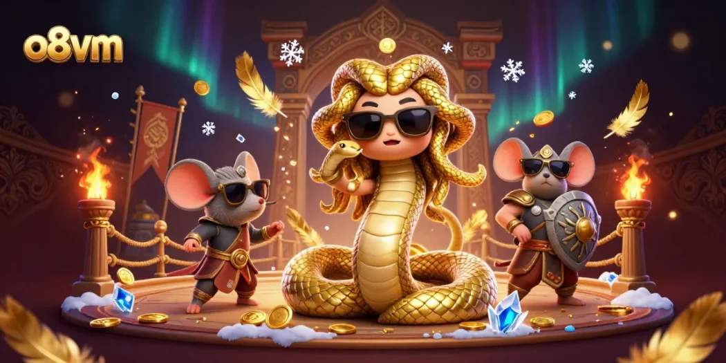 Engage in exciting gaming action with o8vm, featuring Medusa and various casino elements in a vibrant scene.