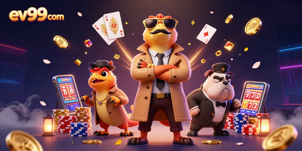 Join the fun at ev99 com with three raptors in a trench coat entering a casino VIP lounge.