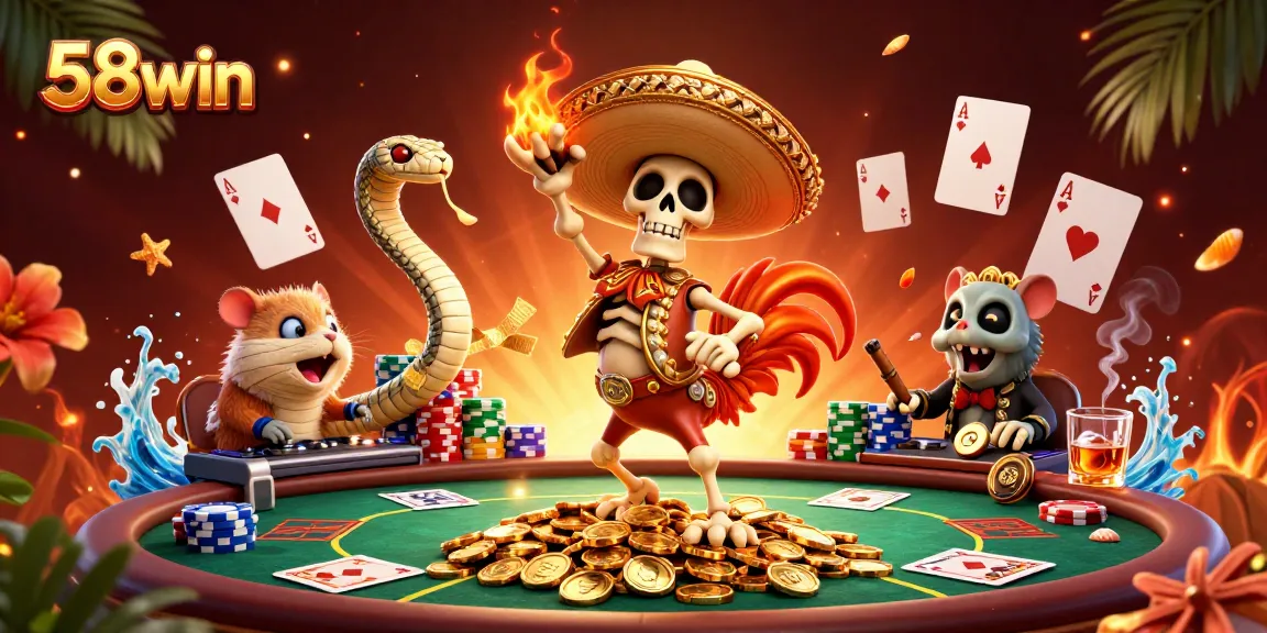 Experience the exciting world of 58win as a winning mariachi rooster dances amidst poker chips and gold coins.