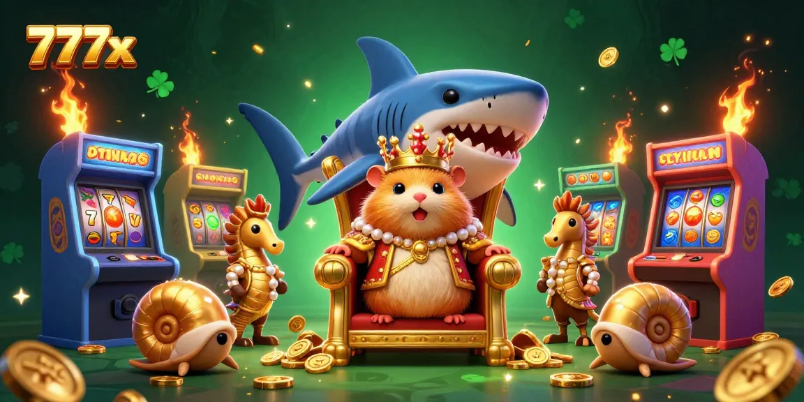 The 777x casino scene featuring a fierce hamster king, arcade games, and vibrant gambling elements.