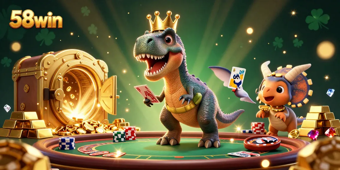 Engage with 58win's lively T-Rex and friends at a bustling casino, surrounded by treasures and gaming action.