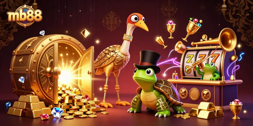 mb88 players celebrate wins at a vibrant online casino with a golden atmosphere of excitement and luck