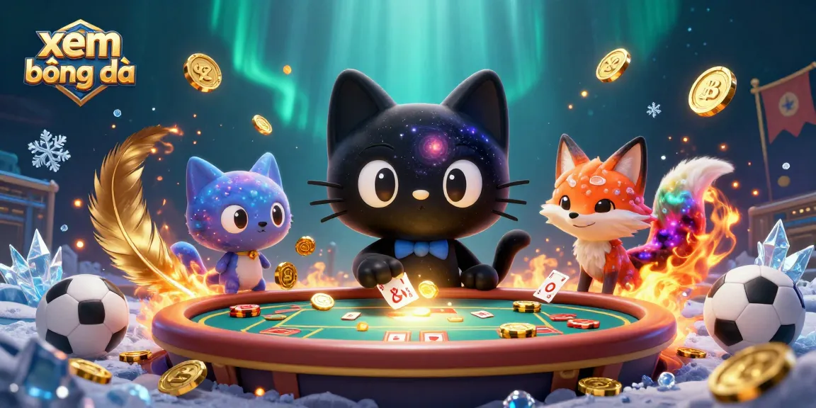 Xem bóng đá with a cartoon black hole cat and nebula fox at a cosmic casino table, showcasing betting elements.