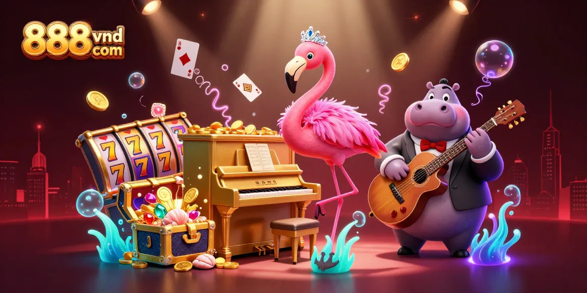Experience vibrant gameplay with 888vnd com featuring a lively casino scene with a flamingo singer and hippo bassist.
