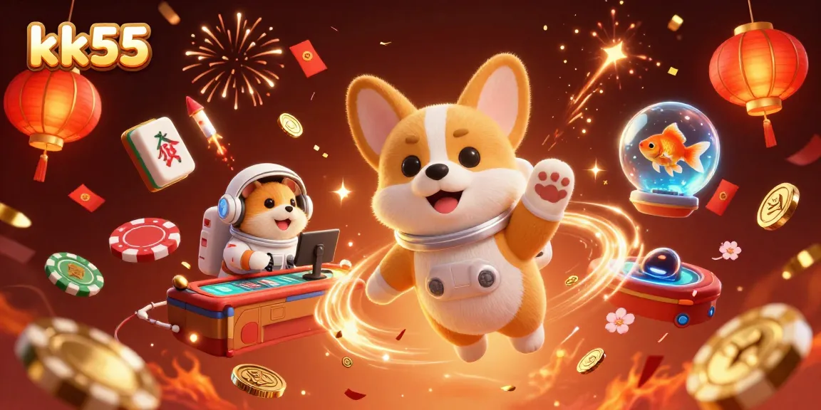 Join the fun at kk55's animated casino space adventure with vibrant 3D characters and festive elements.