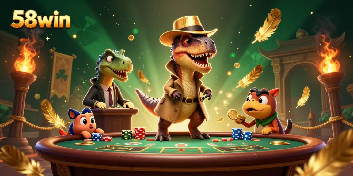 Experience thrilling gameplay at 58win with cunning cartoon characters in a vibrant casino scene.