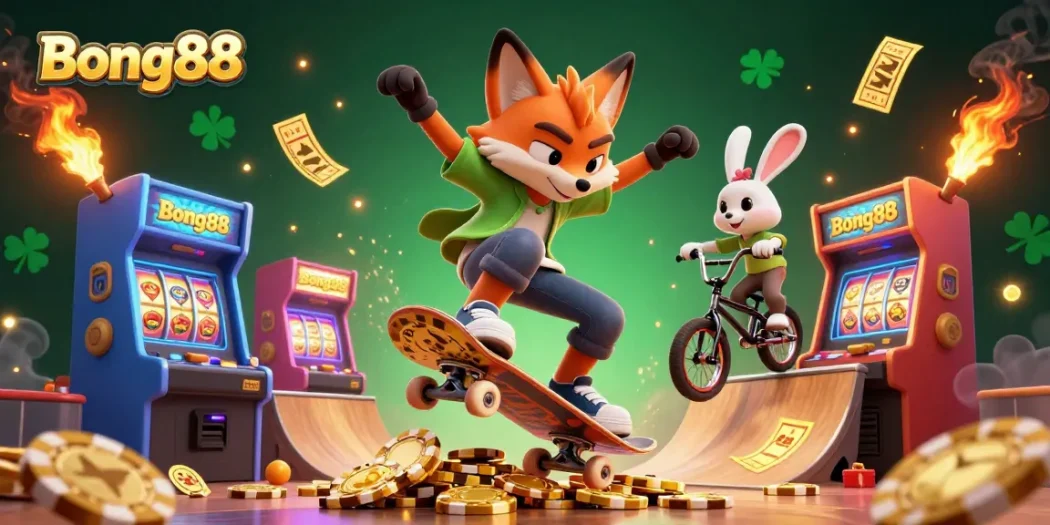 Bong88 players enjoying vibrant casino action with a skateboarder fox and BMX rabbit amid golden chips.