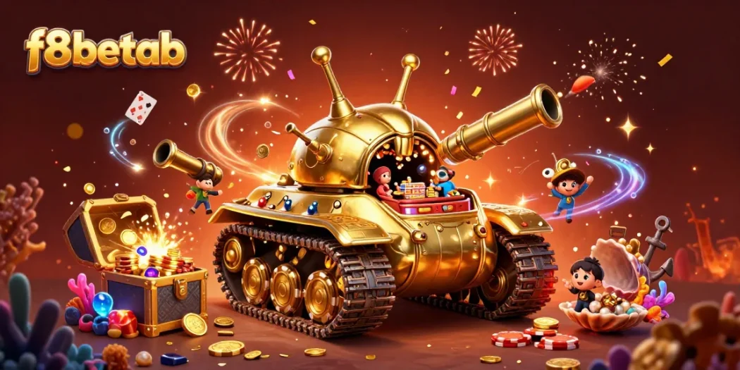 Experience the excitement of f8betab with a vibrant 3D illustration combining mini casino elements and underwater treasures.