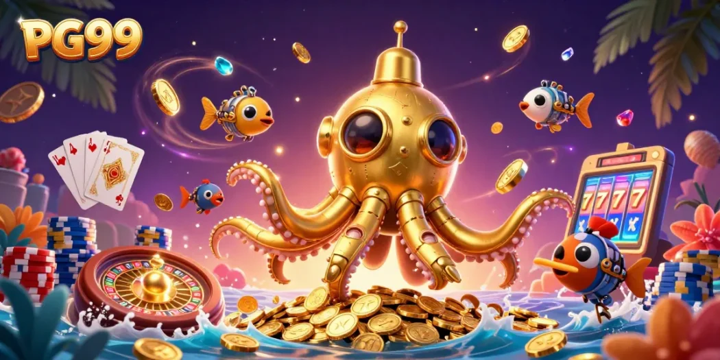 Engage with PG99's vibrant casino world featuring a kraken submarine amidst golden coins and dynamic game elements.