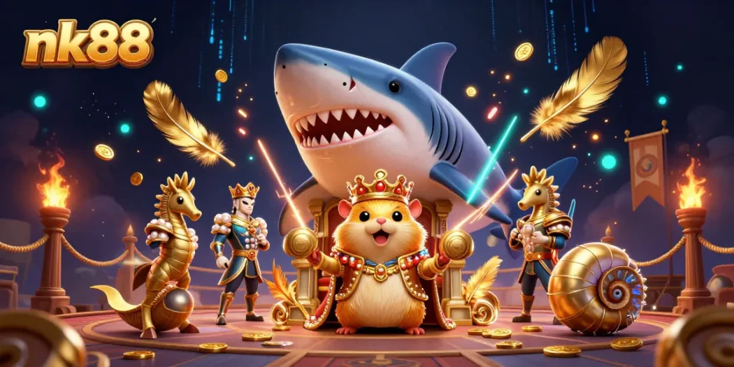 Experience the thrill of nk88 in this dynamic casino-themed 3D illustration.