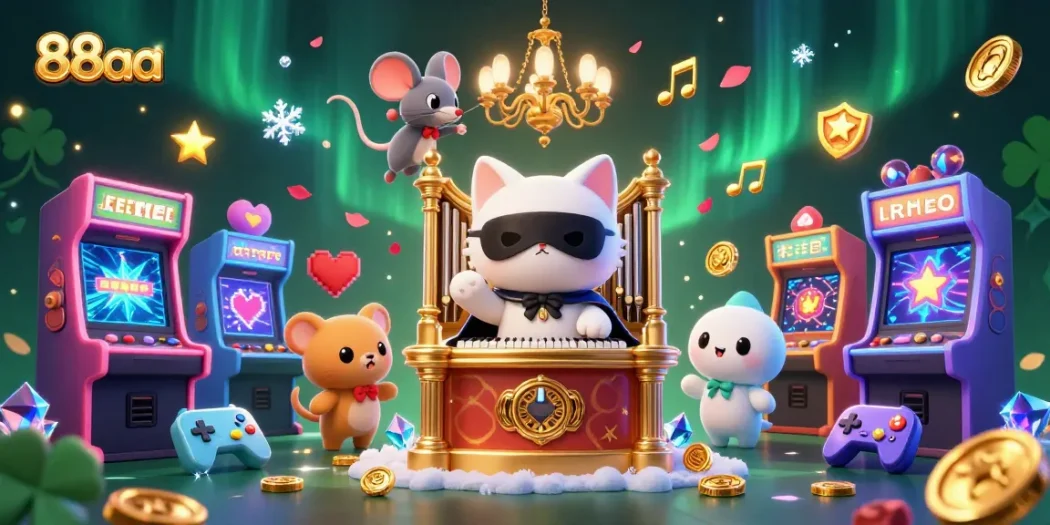 Spin for wins with the 88aa characters amidst a vibrant casino arcade scene.
