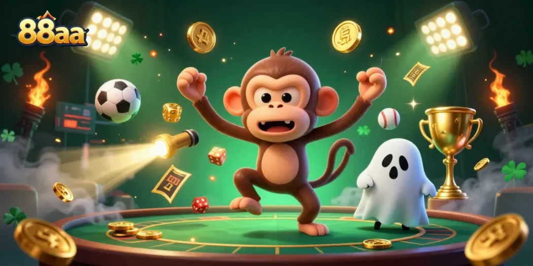 Experience thrilling gameplay with the 88aa monkey juggling casino treasures in a haunted setting.