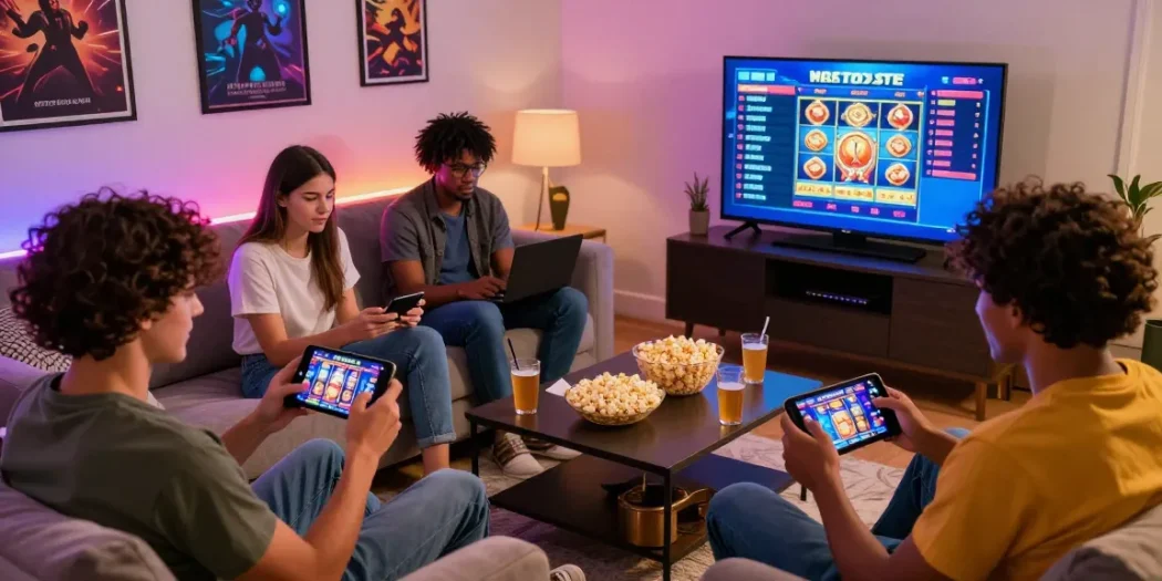 Friends enjoying slot gacor gaming together on devices in a lively living room.