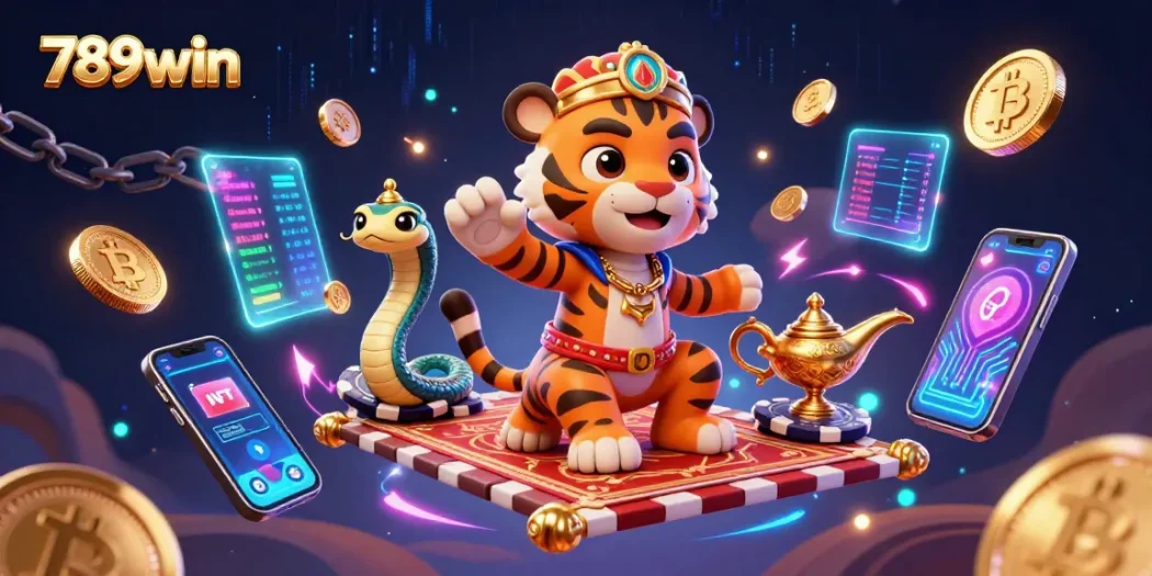 Experience the vibrant, energized world of 789win with casino elements and Arabian Nights characters.