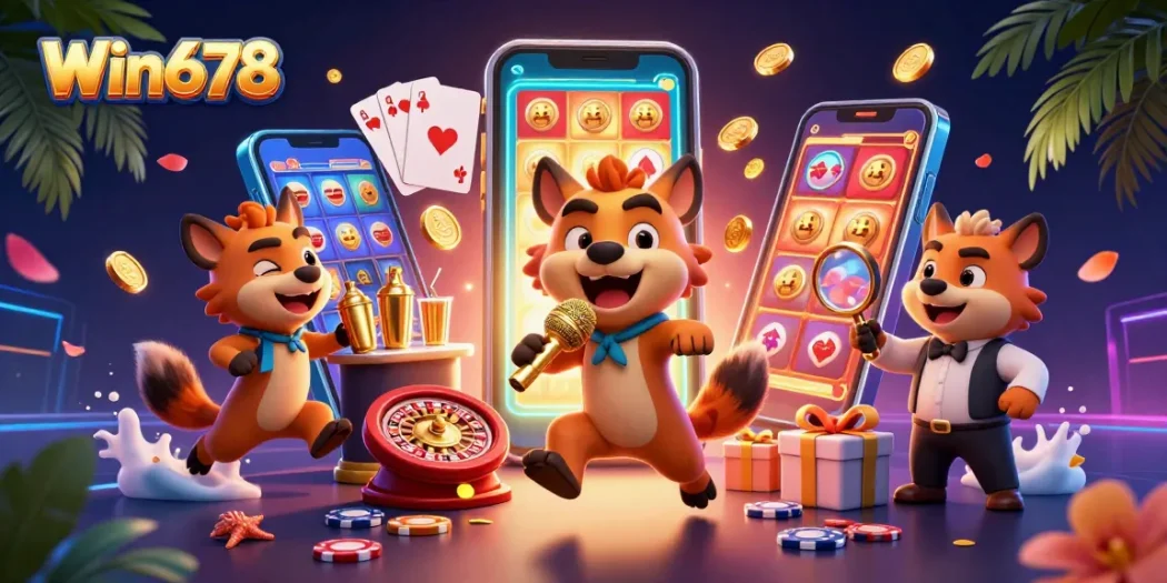 Win678 showcases playful hyenas running a comedy casino club amidst vibrant gaming elements.