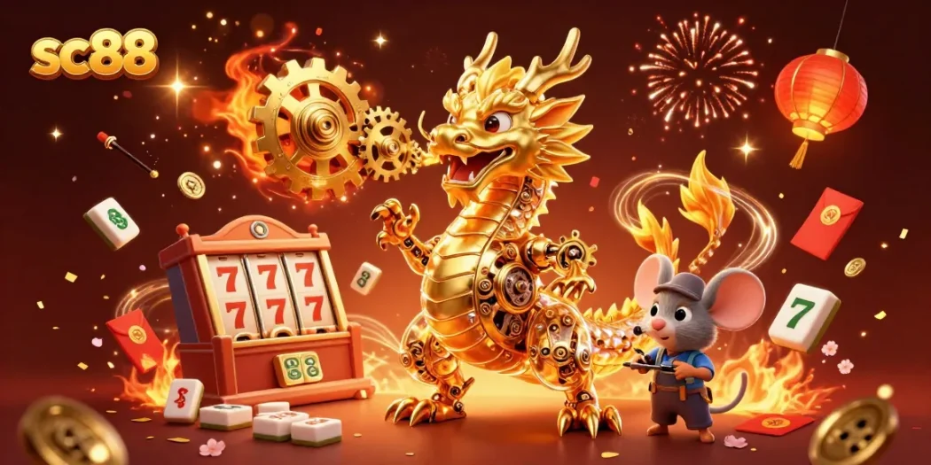 Experience the excitement of sc88's golden slot reels and vibrant casino elements in a stunning illustration.