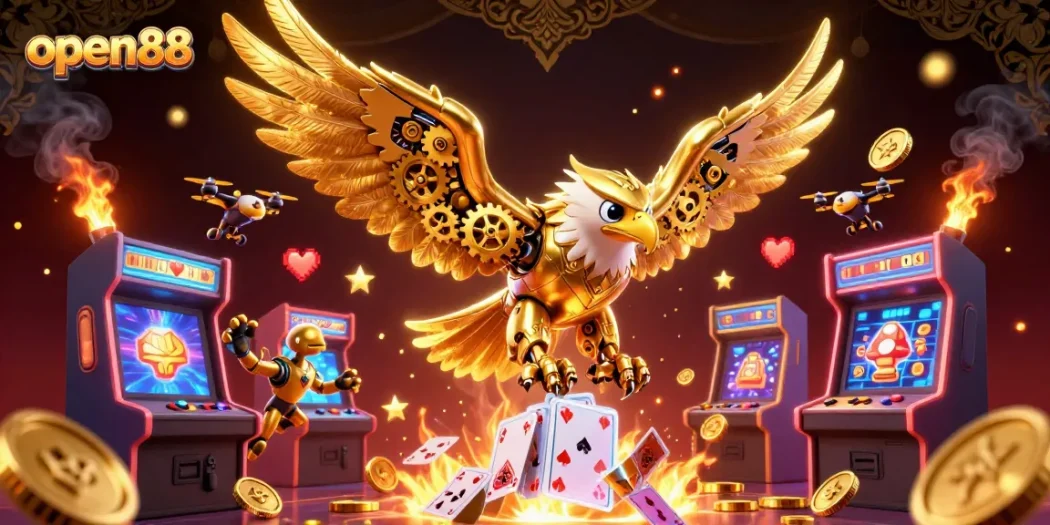 Engage with open88's dynamic casino environment featuring a golden eagle amidst holographic playing cards.