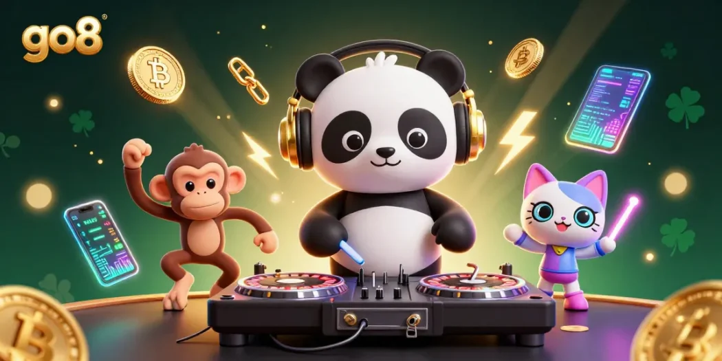 Experience the vibrant energy of go8 with 3D cartoon characters dancing and celebrating casino fun.